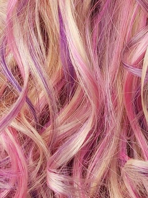 Pink Purple Highlights Blonde Hair, Blonde With Pink And Purple Highlights, Pink Purple Highlights, Pink And Purple Highlights, Purple Highlights Blonde Hair, Pink Hair Highlights, Pink Purple Hair, Purple Highlights, Blonde With Pink