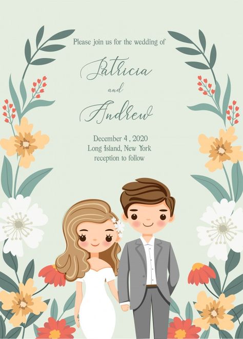 Cute bride and groom with flower wedding... | Premium Vector #Freepik #vector #flower #floral #cartoon #cute Bride Cartoon, Cartoon Wedding Invitations, Wedding Invitations Card, Bride And Groom Cartoon, Hand Drawn Wedding Invitations, Cute Bride, Illustrated Wedding Invitations, Retro Wedding Invitations, Elegant Wedding Invitation Card