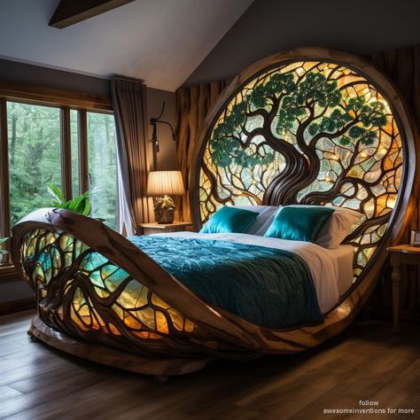 Stained Glass Tree Of Life, Stained Glass Tree, Room Design Modern, Beautiful Bedroom Decor, Fantasy Furniture, Glass Tree, Smart Home Design, Rustic Home Design, Bed Furniture Design