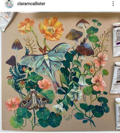 Moth Artwork, Moth Illustration, Gouache Illustration, Gouache Illustrations, Abstract Flower Art, Watercolor Journal, Gouache Art, Floral Drawing, Sketchbook Art Journal