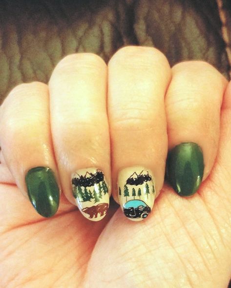 #outdoors #camper #wildlife #bear #yellowstone Wilderness Nails, Yellowstone Nails, Camper Nails, Camping Nails, School Nails, Yellow Stone, Nail Ideas, Nail Inspo, Class Ring