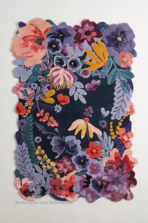 Restoration and Renovation Handmade Flower Multicoloured Irregular Area Rug 100% Imported Blended Wool Floral Area Rug (Navy, 10x8 ft) Flower Rug, Inspire Me Home Decor, Floral Area Rugs, Blossom Flower, Hand Tufted Rugs, Floral Rug, Tufted Rug, Decoration Design, Conversation Piece