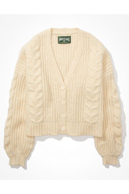 American Eagle Sweaters, American Eagle Cardigan, Puff Sleeve Cardigan, Family Picture Outfits, Cream Cardigan, Cropped Cardigan Sweater, American Eagle Sweater, Cable Knit Cardigan, Oversized Cardigan