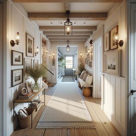 The hallway should be well lit with plenty of natural light, and contain features like rustic wooden floors, white walls with wall sconces, exposed beams on the ceiling, and quaint decor to bring in the cottage charm. There can be a small entryway table with a glass vase of fresh flowers and family photos. Sight of a cosy rug leading to a warmly inviting room at the end. Use this image to serve as a potential inspiration for a remodeling project. Square Foyer Entryway, Foyer Seating, Cottage Hallway, Style Hallway, Long Hallways, Large Hallway, Hallway Inspiration, Front Entryway, Foyer Entryway