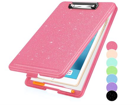 Glitter Clipboard with Storage, Plastic Storage Clipboard with Low Profile Clip, Durable Nursing Clip Board 8.5x11, Cute Clipboard Case with Compartment, Smooth Writing, Letter Size A4 Glitter Clipboard, Cute Clipboard, Clipboard With Storage, Nurse Clipboard, Storage Cute, Clip Boards, Clipboard Storage, Nurse Accessories, Strawberry Soda