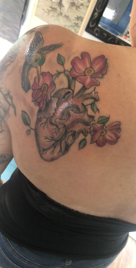 Aortic heart tattoo with hummingbird and flowers Heart Tattoo For Men, My Heart Tattoo, A Heart Tattoo, Hummingbird Flowers, Flowers Tattoo, Heart Tattoo, Flower Tattoos, A Heart, Tattoos For Guys