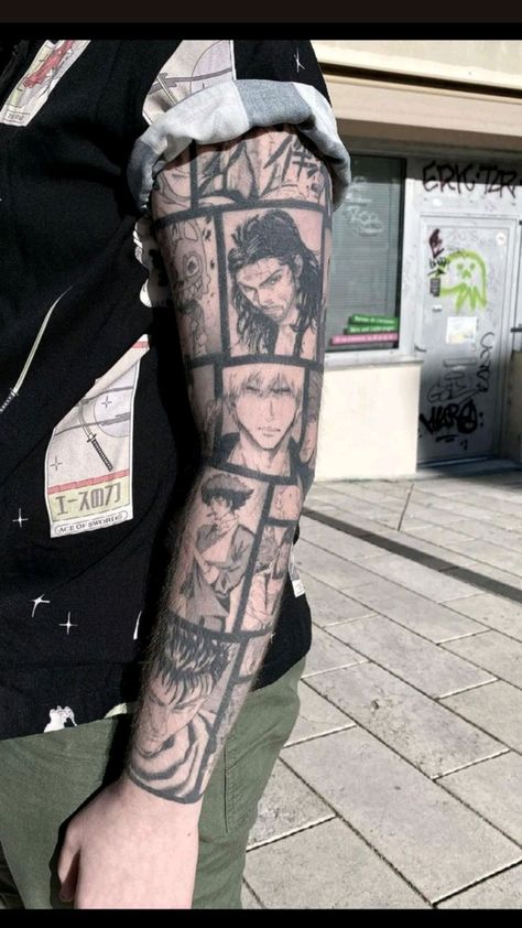 Fandom Tattoo Sleeve, Manga Panel Tattoo Sleeve, Manga Tattoo Sleeve, Bleach Tattoo Anime, Anime Panel Tattoo, Anime Sleeve Tattoo, Manga Panel Tattoos, Case Tattoo, Go Beyond Plus Ultra