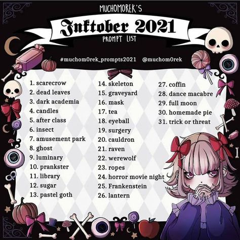 Inktober List, September Art, 30 Day Art Challenge, Art Journal Challenge, Arts Month, Drawing Challenges, October Art, Art Style Challenge, Art Journal Prompts