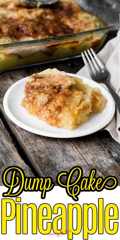 Pineapple dump cake uses a box of cake mix, canned pineapple, butter and a bit of brown sugar baked in one pan for an easy dessert that is a crowd-pleaser. Crushed Pineapple Dump Cake, Pineapple Upside Down Cake With Cake Mix Boxes, Cake Mix Pineapple Cake, Canned Fruit Mix Recipes, Dessert With Canned Pineapple, Pineapple Dump Cake 2 Ingredients, Pineapple Dump Cake Easy, Pineapple Cake Using Box Cake, Easy Pineapple Dump Cake Recipes