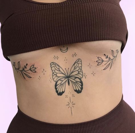 Butterfly Garden Tattoo, Chest Tattoo Designs Female, Sternum Piece, Garden Tattoo, Mommy Tattoos, Hip Tattoos Women, Pretty Tattoos For Women, Stomach Tattoos, Sternum Tattoo