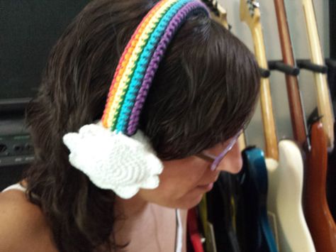 Hi there! This is a crochet COVER for headphones. IT DOES NOT INCLUDE… Headphones Cover, Rainbow With Clouds, Headphone Cover, Rainbow Headband, Cozy Pattern, Stitch Witchery, Crochet Cover, Crochet Bag Tutorials, Crochet Ear Warmer