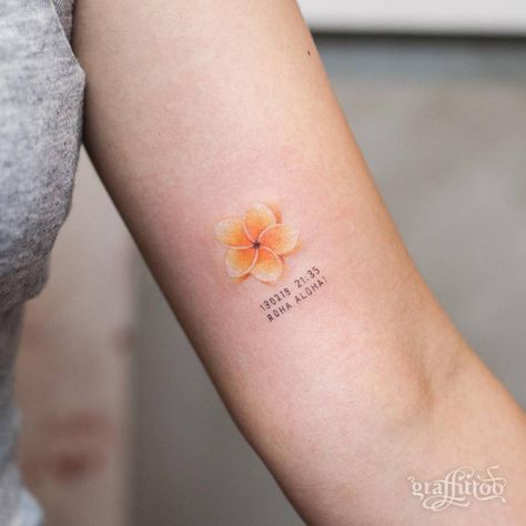 Frangipani tattoo on the inner arm. Sacuanjoche Flower Tattoo, Yellow Hibiscus Tattoo, Yellow Ink Tattoo, River Tattoo For Women, Yellow Flower Tattoo, Yellow Flower Tattoos, Frangipani Tattoo, Buttercup Tattoo, Jasmine Tattoo