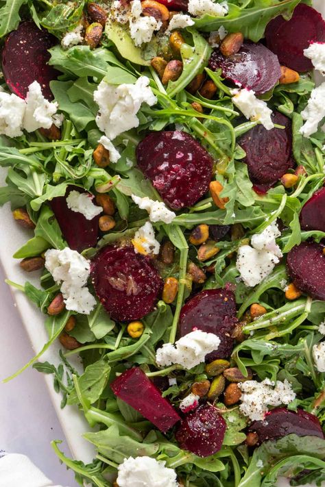 January Produce, Arugula Goat Cheese Salad, Beet And Goat Cheese Salad, Beet Goat Cheese Salad, Beet Salad With Feta, Cooking Beets, Pistachio Salad, Beet And Goat Cheese, Summertime Salads