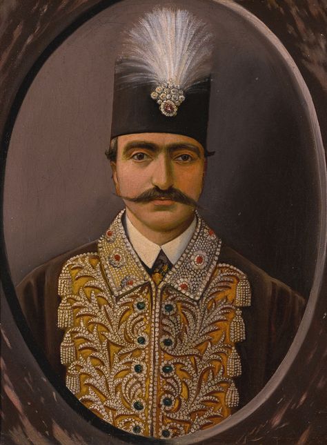 A portrait of Nasir al-Din Shah (r.1848-96), Persia, Qajar, 19th century oil on canvas, framed painting: 47 by 34.5cm. framed: 54.5 by 42cm. Qajar Dynasty, Persian Painting, Pakistan Art, Persian Women, Iran Pictures, Persian Art Painting, Persian Miniature, Body Photography, Persian Culture