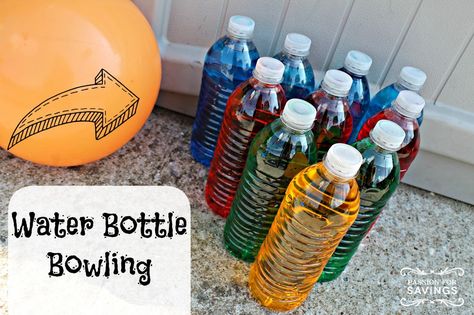 Kids will have tons of fun with this homemade Water Bottle Bowling game! Fun for a party game! Diy Bowling Pins, Babysitting Activities, Pin Diy, Summer Camp Activities, Diy Water Bottle, Water Games For Kids, Bowling Games, Diy Water, Bowling Pins