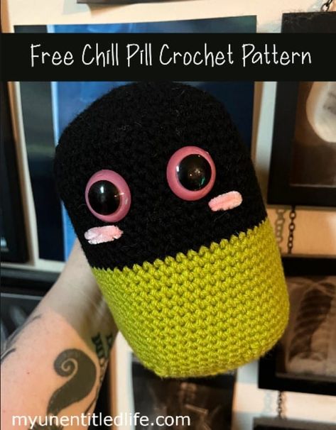 Free Chill Pill Crochet Pattern - Chill Pill Crochet Pattern, Pill Crochet Pattern, Pill Crochet, Pill Pillow, Pill Bug, Makes Me Laugh, Blush On Cheeks, Chill Pill, Things To Make