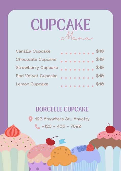 FREE Canva Template for Cupcake Menu Cake Price List Design Templates Free, Cupcake Menu Design, Cupcake Price List, Cake Price List, Catering Menu Design, Cupcake Prices, Price List Design, Design Catalog, Purple Cute