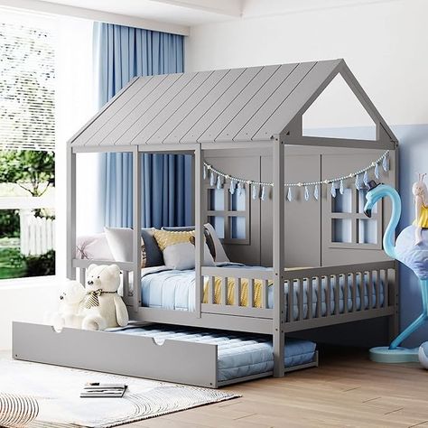 Amazon.com: Full House Bed with Trundle, House Bed for Kids, Wooden Platform Bed Frame with Headboard and Roof, for Girls Boys (Full Size, Gray) : Home & Kitchen Full Size House Bed, Shaped House, Trundle Bed With Storage, House Beds For Kids, Wooden Daybed, Play Place, Wooden Platform Bed, Fun House, Daybed With Trundle