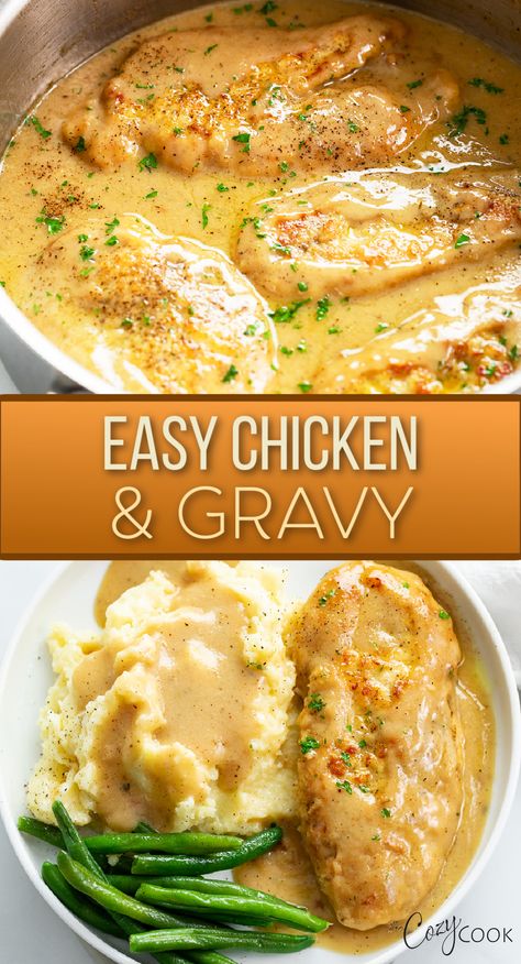 chicken and gravy with mashed potatoes and a side of green beans Easy Chicken Gravy, Chicken Gravy Recipe, Chicken And Gravy, Chicken Main Dishes, Gravy Recipes, Chicken Dishes Recipes, Poultry Recipes, Chicken Dinner Recipes, Chicken Breast Recipes