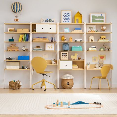 The next generation of our modular Ziggy Collection is here! 🙌 Our new GREENGUARD certified Ziggy Wall Desk & Storage System displays your kids' collections and keeps clutter hidden, while the desks adjust to their growing height. Tap to build the perfect set-up for your space! #WestElmKids Boys Room Wall Storage, Amp Storage, Architects Desk, Shared Kids Room, Low Bookcase, West Elm Kids, Modular Walls, Kids' Desk, Kid Desk