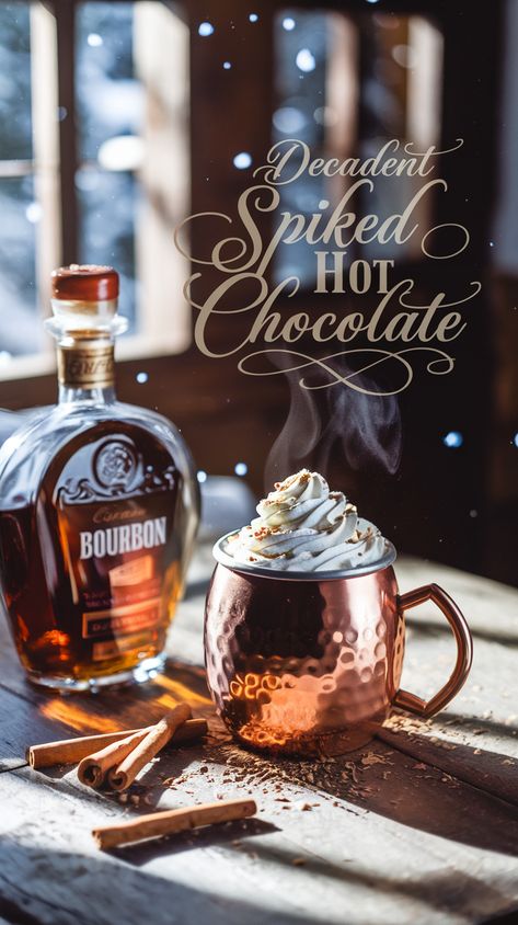 Decadent spiked hot chocolate with whipped cream and bourbon on a rustic table, cozy winter backdrop with falling snow. Spiked Coffee Drinks, Eggnog Martini Recipe, Cranberry Moscow Mule Recipe, Peppermint Martini Recipe, Cool Drink Ideas, Spiked Hot Chocolate Recipe, Spiked Coffee, Christmas Sangria Recipes, Cozy Hot Drinks