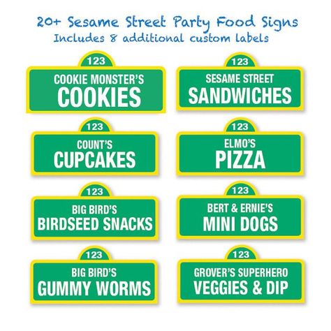 Sesame Street Food Sign Sesame Street Food, Sesame Street Birthday Party Ideas Boy, Elmo Birthday Party Boy, Party Food Signs, Sesame Street Signs, Cookie Monster Party, Cookie Monster Birthday, Elmo Birthday Party, Printable Food