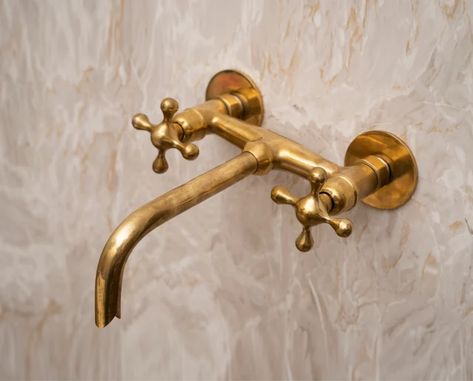 Unlacquered Brass Bathroom, Limestone Sink, Brass Tub, Wall Mounted Bathroom Faucet, Brass Bathroom Faucets, Bathtub Remodel, Brass Sink, Vanity Faucet, Stone Siding