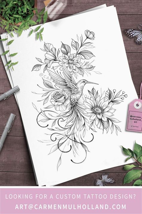 hummingbird with florals, roses, sunflowers, fine line, delicate, tattoo art, feminine, botanical Fine Line Hummingbird, Fine Line Hummingbird Tattoo, Line Hummingbird, Hummingbird Sunflower, Birthday Tattoo, O Tattoo, D Tattoo, Delicate Tattoo, Stomach Tattoos