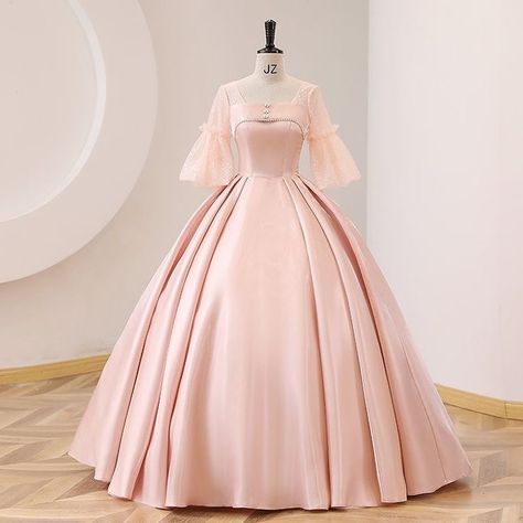 Light Pink Ball Gown, Pink Ball Gown Dress, Gown With Pearls, Scoop Neck Prom Dress, Pink Satin Gown, Famous Wedding Dresses, Prom Dress Short, Short Bell Sleeves, Carnival Dress