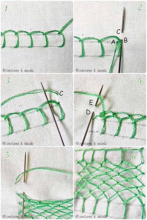 Stitch Fabric, Fishnet Stitch, Hand Sewing Knit Fabric, How To Knit Mesh Stitch, Fishnet Stitch Embroidery, Fish Stitch Embroidery, Knit Net Stitch, Textile Art Techniques, Sulaman Pita