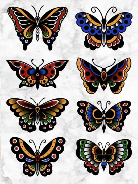 Butterfly Tattoo Old School Color, Americana Butterfly Tattoo, Colorful Old School Tattoos, American Traditional Butterfly Flash, Tradional Butterfly Tattoo, New School Butterfly Tattoo, Small Traditional Butterfly Tattoo, Coloured Traditional Tattoo, Colourful Traditional Tattoo