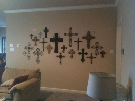 wall of crosses | Now to the fun room- the room I did very first thing! AVA's ROOM!!! New House Pictures, Cross Wall Collage, Cross Walls, Stairway Ideas, Cross Ideas, Wall Galleries, Cross Wall Art, House Pictures, Hallway Design