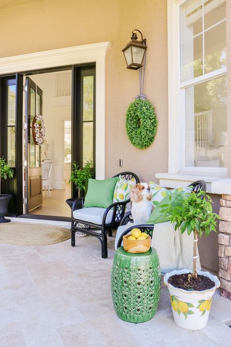 Front Porch Summer Refresh - Lemon Themed! - KristyWicks.com Porch Nook, Kristy Wicks, Front Porch Summer, Summer Front Porch Decor, Coastal Paint Colors, Front Door Styles, Green Lemon, Summer Front Porches, Summer Porch