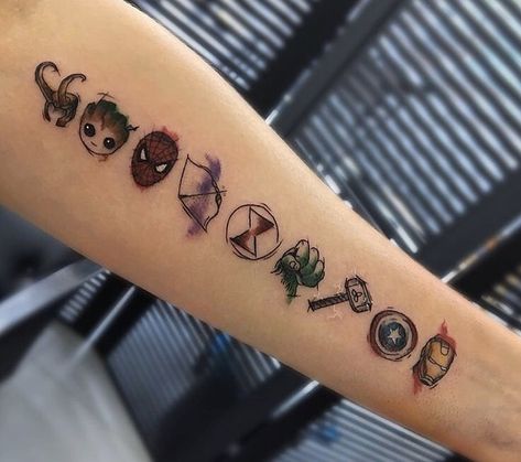 Marvel Dc Tattoo, Marvel Theme Tattoo, Marvel Avengers Tattoo Small, The Avengers Tattoo, Marvel Sleeve Tattoo Woman, Superhero Tattoos Small, Marvel Hand Tattoo, Mcu Tattoo Ideas, Kate Bishop Tattoo