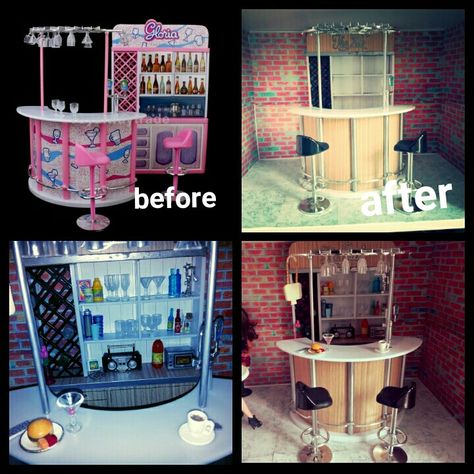 Repainted my gloria bar :) #barbie #diy #bar #repaint #doll #1:6 #dollphotography #dolls Gloria Doll Furniture, Barbie Furniture Makeover, Gloria Barbie, Furniture Repaint, Barbie Bar, Dollhouse Patio, Barbie Makeover, Barbie Kitchen Set, Barbie Rooms