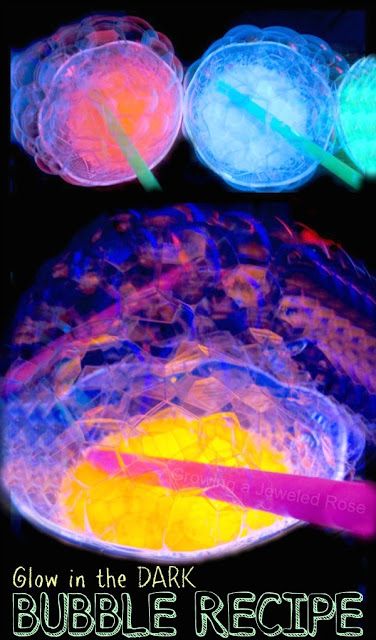 Make your own glow in the dark bubbles using just TWO ingredients!  Super simple recipe- tons of ways to PLAY! Glow In The Dark Bubbles, Bubble Recipe, Glow Stick Party, Fluorescent Paint, Bubble Solution, Blacklight Party, Bubble Painting, Glow Party, Glow Sticks