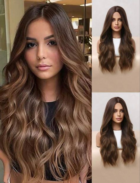 Achat sur ebay Big Wave Curls, Fall Bayalage Brunette, Brunette Wigs, Bayalage Brunette, Realistic Wigs, Hair Lights, Wave Curls, Wigs Middle Part, Natural Brunette