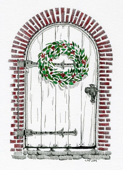 Christmas Door Watercolor, Christmas Door Drawing, Christmas Door Illustration, January Bujo, Door Drawing, Pinterest Christmas Crafts, Diy Christmas Door Decorations, Christmas Cards Drawing, Christmas Arch