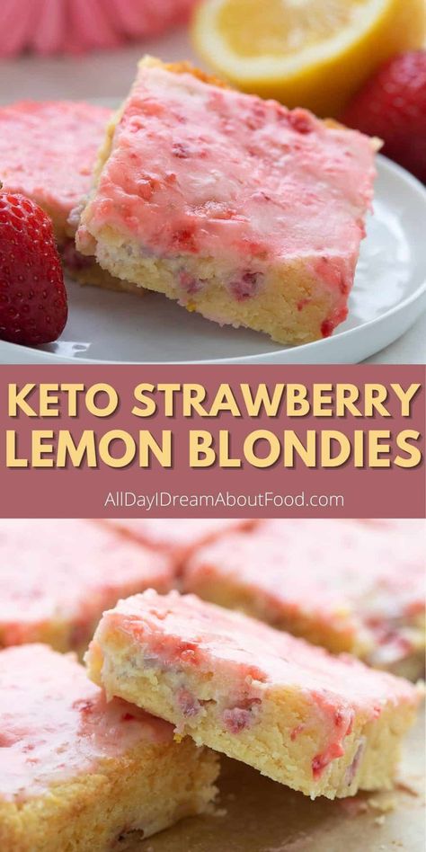 These keto lemon blondies are studded with fresh strawberries and topped with a delicious strawberry lemon glaze. Tangy, sweet, and utterly delectable! Strawberry Lemon Blondies, Lemon Blondies, Breakfast Low Carb, Baking Powder Uses, Lemon Glaze, Keto Dessert Easy, Low Carb Sweets, Strawberry Lemon, Fat Foods