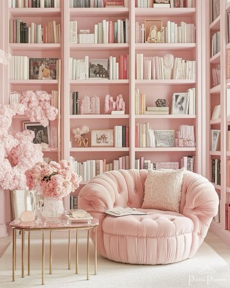 #homedecor, #interiordesign, #homedesign, #decor inspiration Cozy Pink Apartment, Pink Home Library, Pink Library Aesthetic, Pink Reading Nook, Pink Feminine Aesthetic, Home Library Room, Pink Bookshelf, Pink Library, Book Bujo