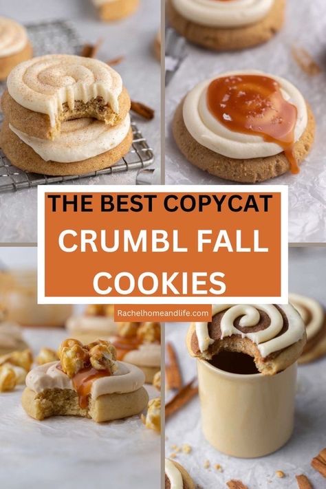 Best copycat Crumbl fall cookies-Crumbl Salted Caramel Cheesecake Cookies, Crumbl Snickerdoodle Cupcake Cookies, Crumbl Caramel Popcorn cookies and Chewy Crumbl Pumpkin Roll cookies. Delicious Fall Recipes, Crumble Cookie Recipe, Caramel Apple Cookies, Fall Cookie Recipes, Fall Apple Recipes, Apple Caramel, Banana Bread Cookies, Cinnamon Roll Cookies, Pumpkin Chocolate Chip Muffins