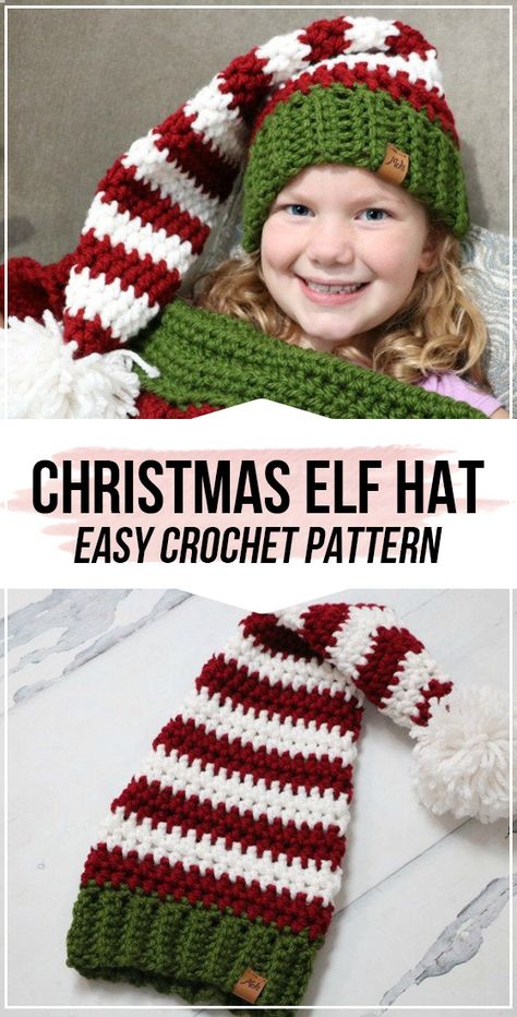 crochet Christmas Elf Hat pattern - easy crochet hat pattern for beginners Elf Hat Pattern, Elf Scarf, Crochet Christmas Elf, Crochet Elf Hat Pattern, Christmas Elf Hat, Crochet Elf Hat, Crochet Santa Hat, Easy Crochet Hat Patterns, Crochet Christmas Hats