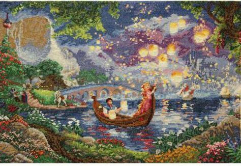 10 Cross Stitch Patterns of Popular Characters Thomas Kinkade Cross Stitch Patterns, Disney Cross Stitch Kits, Tangled Painting, Thomas Kinkade Disney, Disney Paintings, Disney Dreams, Disney Cross Stitch, Pinturas Disney, Thomas Kinkade