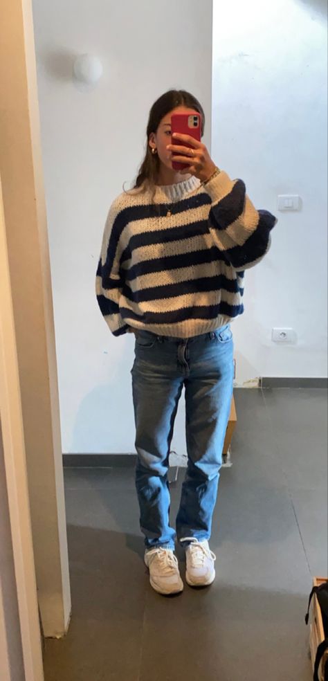 Stripy Jumper Outfits, Stripped Sweater Outfits Winter, Blue Striped Sweater Outfit, Striped Jumper Aesthetic, Striped Sweater Outfit Aesthetic, Stripped Sweater Outfits Aesthetic, Stripy Jumper Aesthetic, Stripped Sweater Outfits, Vanilla Girl Clothes