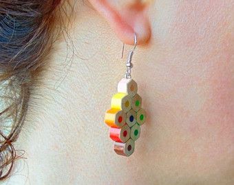 Colored pencil jewelry crayon earrings diamond shaped rainbow colored pencil earrings with bright colors for artist art teacher painter Pencil Earrings Diy, Crayon Earrings, Pencil Jewelry, Pencil Earrings, Denim Earrings, Diy Pencil, Earrings Diamond, Creative Painting, Handmade Jewelry Diy