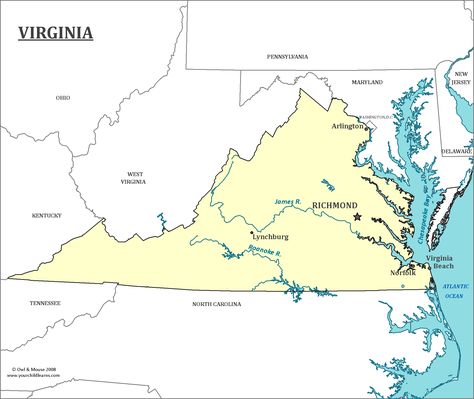 Map of Virginia, major cities, states and capitals Map Of Virginia, Virginia Studies, Virginia Map, Virginia History, States And Capitals, Virginia City, Virginia State, Colonial America, State Map