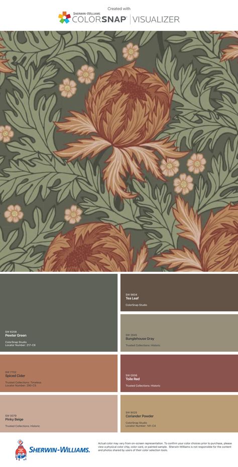 William Morris Paint Colors, William Morris Interior Living Rooms, William Morris Colour Palette, Victorian Green Colour Palette, Green And Brown Living Room Wallpaper, Edwardian Colours Palette, Farrow And Ball Helleborus Wallpaper, William Morris Lounge Wallpaper, William Morris Interior