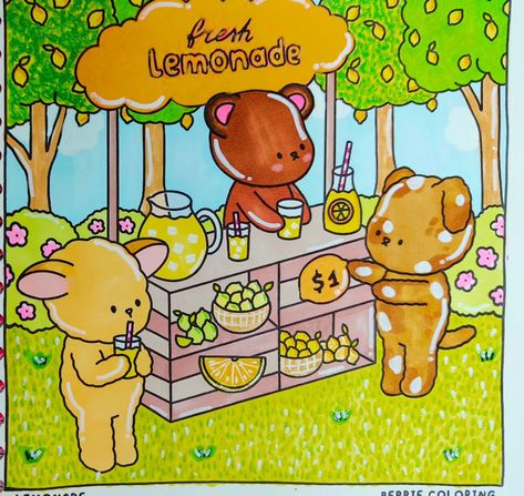 ☀️🏖️When is't hot, you're craving a refreshing lemonade... 🍋🧊 🎨I loved the color combination, and I am happy with the result. 🪷These pages are so cute. 📚Coloring Book "Summer Coloring Book" by @Berriecoloring 🐻Page: Lemonade 🍋‍🟩 🖍️Markers: Ohuhu @ohuhuart . . . . . 🏷️Tags: #berriecoloring #berriecoloringbook #berrie #summercoloringbook #summer #lemonade #coloringbook #coloringjournal #alcoholmarkers #coloring #coloringpages #coloringpage #colorwithme #cozycoloring #coloriage #coloringbook... Bearieworld Coloring, Gummy And Pecky Coloring Book, Completed Bobbie Goods Pages, Bobbie Goods Coloring Inspiration, Berrie Coloring Pages, Debbie Macomber Coloring Book, Coloring Journal, Fresh Lemonade, Alcohol Markers