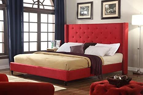 Home Life furBed00007_Cloth_Burgundy_King Platform Bed Slats Headboard, Linen Platform Bed, Headboard Platform Bed, Upholstered Headboard King, Steel Bed Frame, Twin Size Bed Frame, Upholstered Bedroom, Full Platform Bed, Full Size Bed Frame