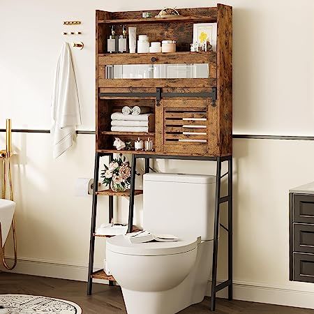 Over The Toilet Rack, Fireplace Feature Wall, Over Toilet Storage, Over The Toilet Storage, Over The Toilet, Small Space Bathroom, Over Toilet, Wooden Cabinet, Toilet Storage